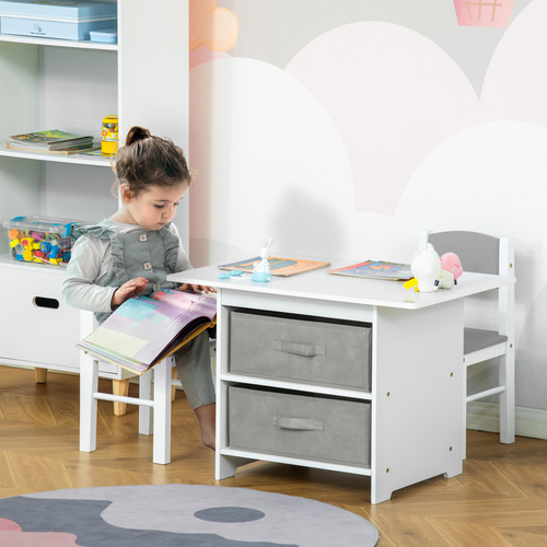 3-piece HOMCOM kids table and chairs set with storage drawers, designed for toddlers ages 2-4 in a playful setting.