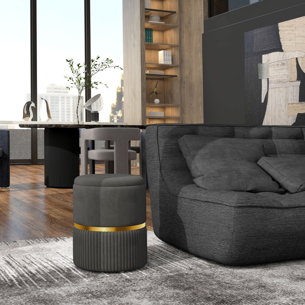 Grey velvet round storage pouffe with cushioned top and hidden space by HOMCOM, perfect for home decor and organization.