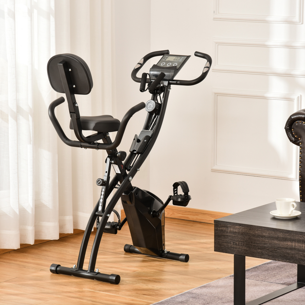 2-in-1 upright exercise bike in black with 8-level adjustment and pulse sensor, designed for fitness by ActiveGear.