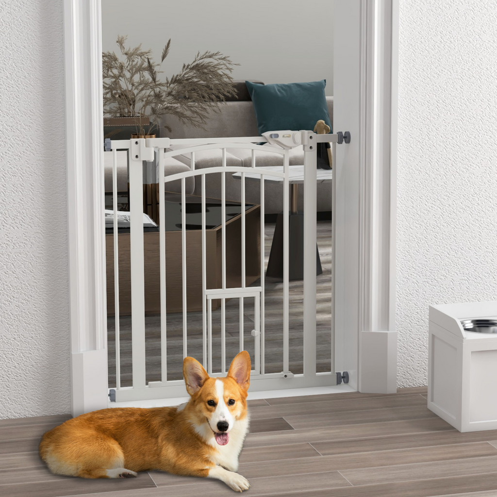 PawHut pressure fit safety gate for dogs with a small cat door opening, adjustable 74-80cm width.