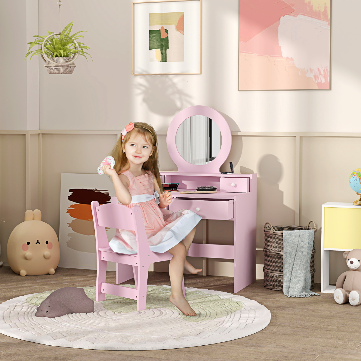 Pink AIYAPLAY kids dressing table set with stool, mirror, and drawers, perfect for imaginative play and organization.