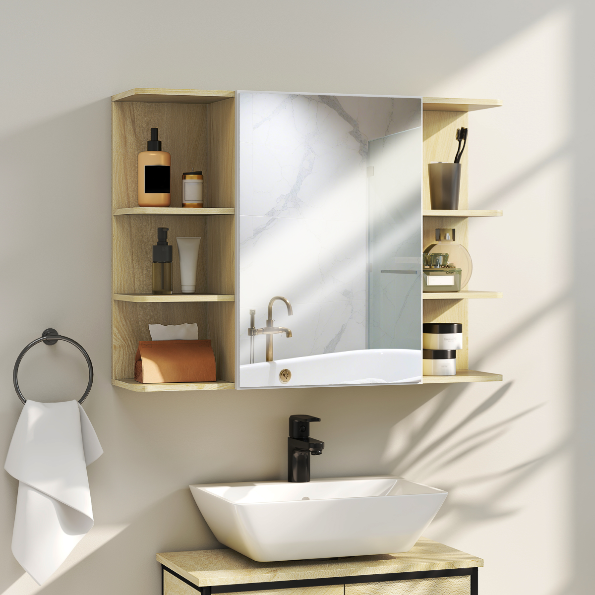 Bathroom Wall Cabinet with Mirror & Open Storage Shelves - Natural Wood Finish