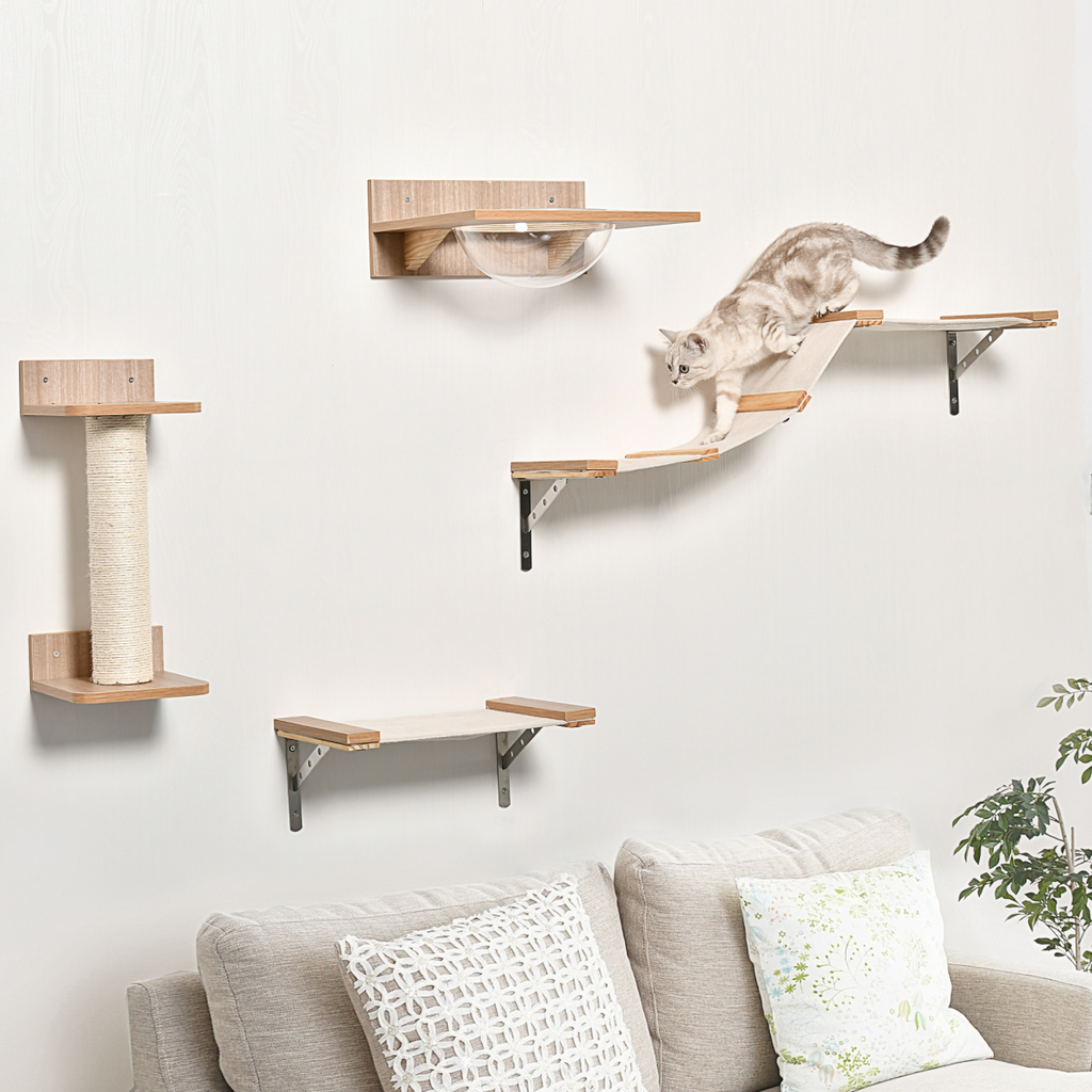 Pawhut wall-mounted cat tree set with climbing shelves, hammock, and scratching post for cats.