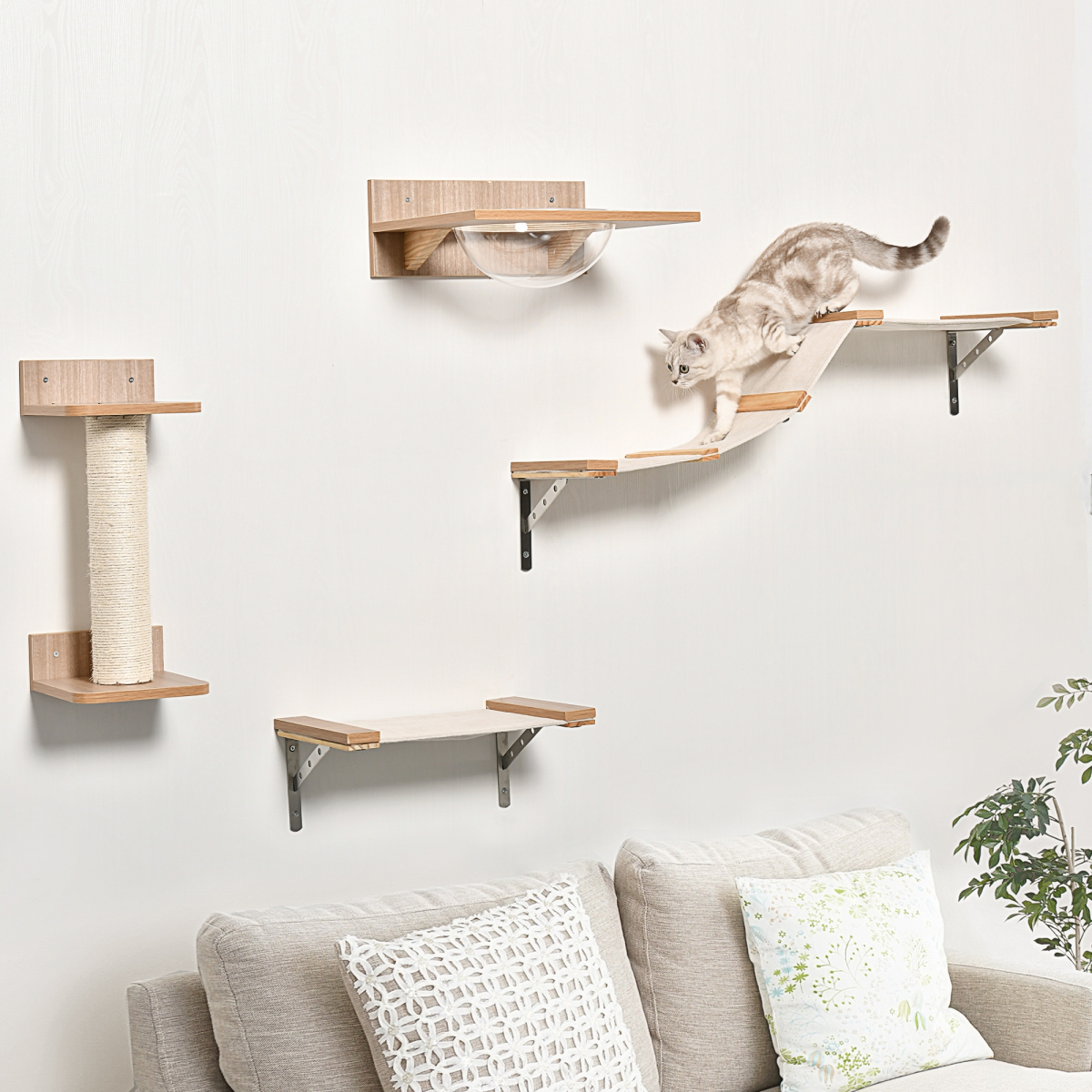 Pawhut wall-mounted cat tree set with climbing shelves, hammock, and scratching post for cats.