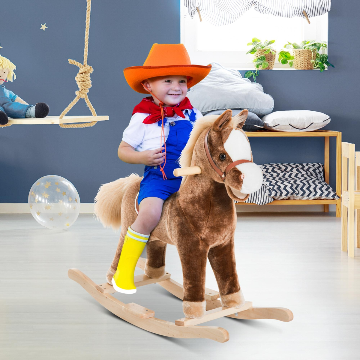 Kids wooden rocking horse from FunZone, featuring plush seating and a sturdy design, ideal for toddlers’ playtime.