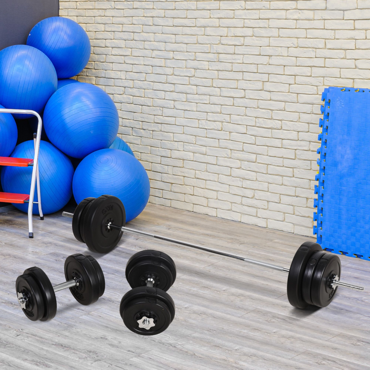 Adjustable 65kg dumbbells and barbell set from HOMCOM for strength training in a home gym setting.