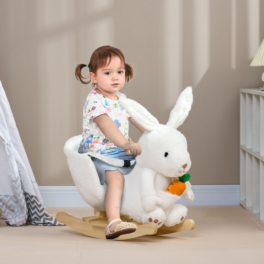 HOMCOM kids' rabbit-shaped rocking horse in white with realistic sounds and safety belt, perfect for playful adventures.