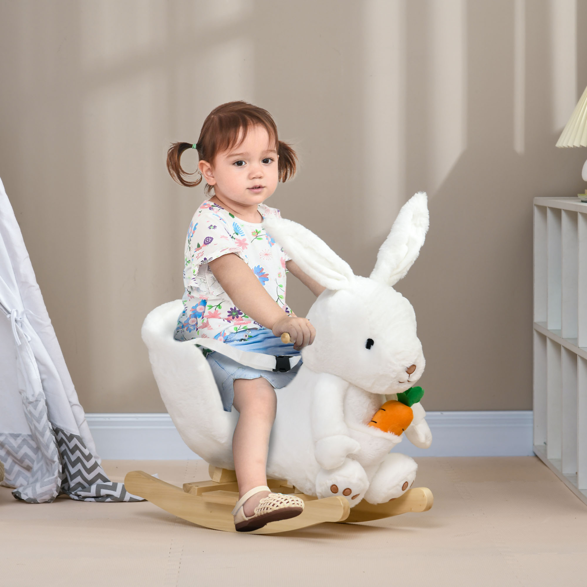 HOMCOM kids' rabbit-shaped rocking horse in white with realistic sounds and safety belt, perfect for playful adventures.