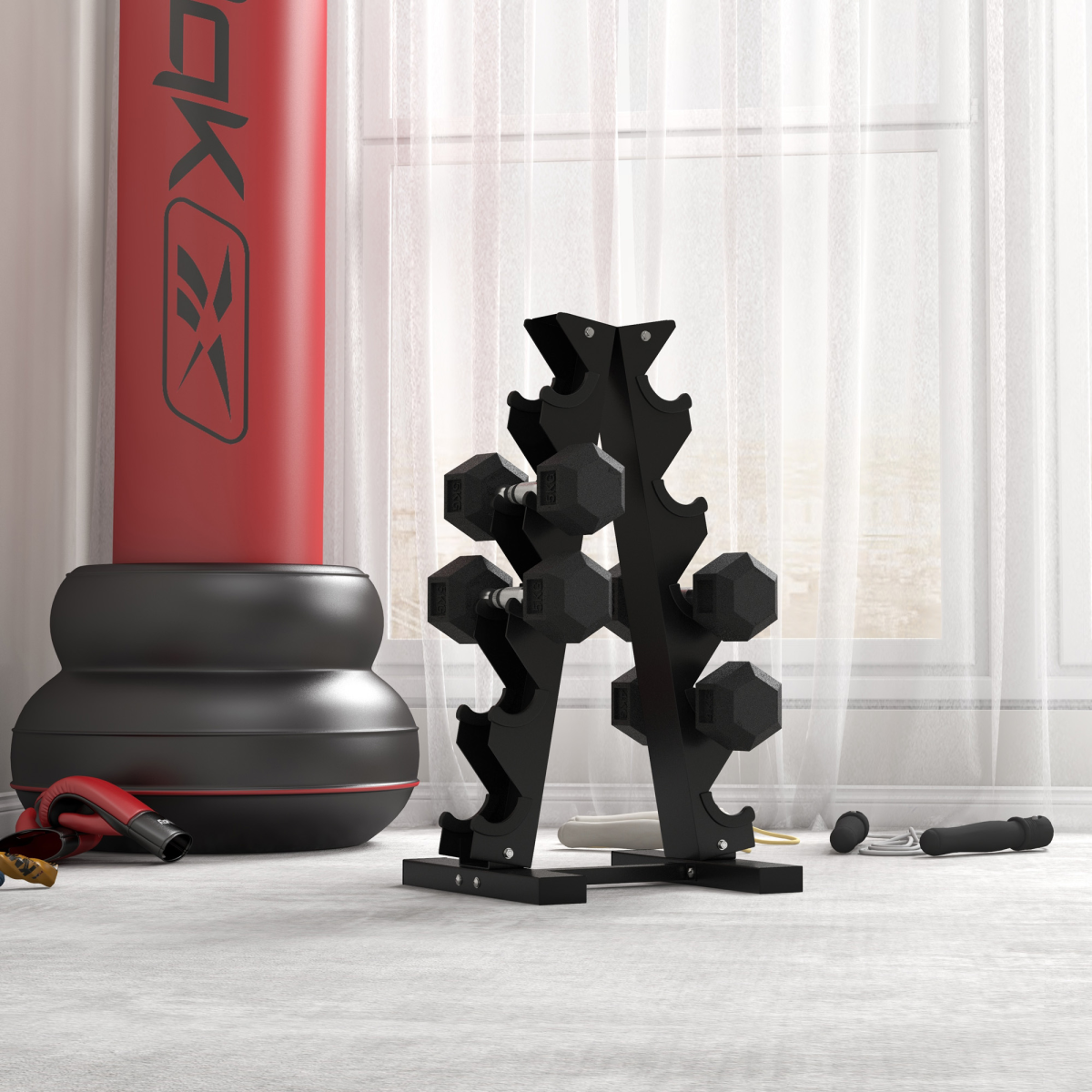 Hexagonal dumbbells 2x4kg from ActiveGear for weight lifting and home fitness exercises, showcasing the weights' design.