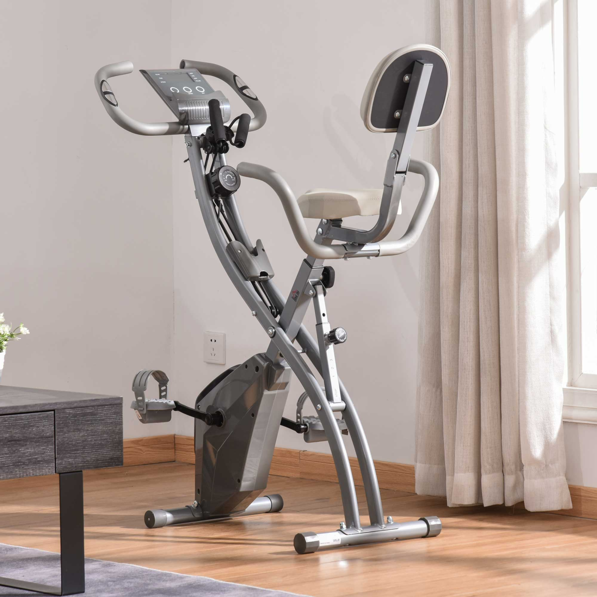 HOMCOM 2-in-1 upright exercise bike in grey with 8-level adjustment and pulse sensor for home workouts.