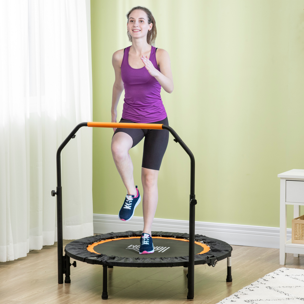Foldable 40" mini fitness trampoline with adjustable foam handle, designed for active workouts and easy storage.