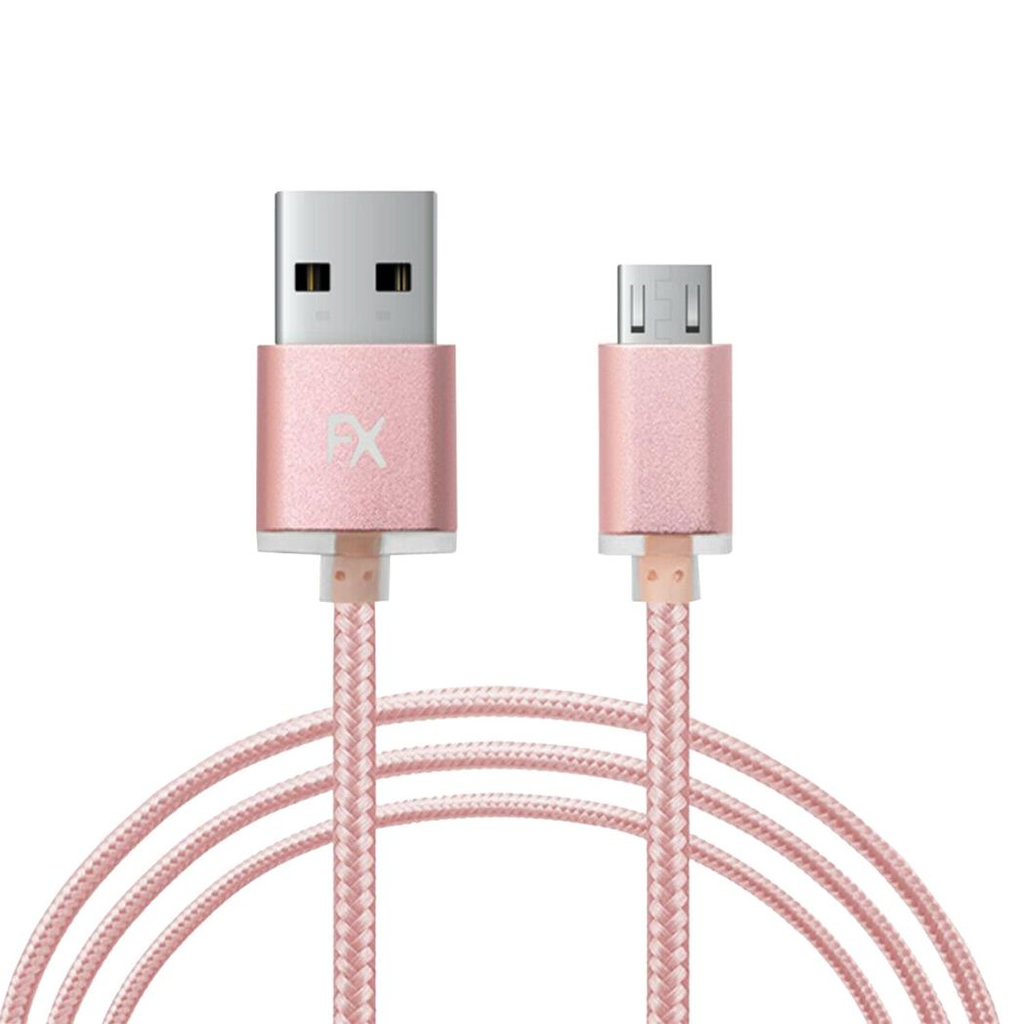 Braided rose gold Micro USB data cable by FX, showcasing its durable design and flexible connectors.