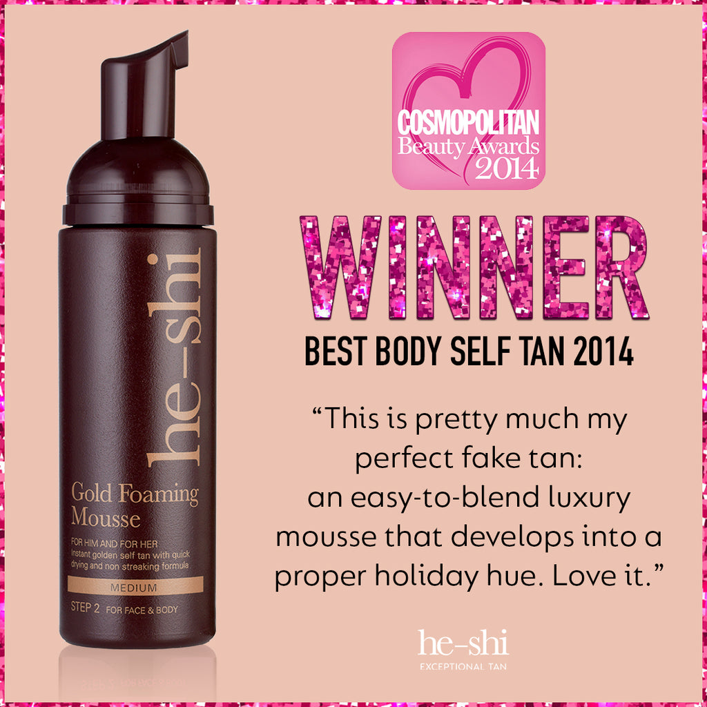 He-Shi Gold Foaming Mousse in a bottle, showcasing its rich golden color and easy-to-apply texture for a medium self-tan.