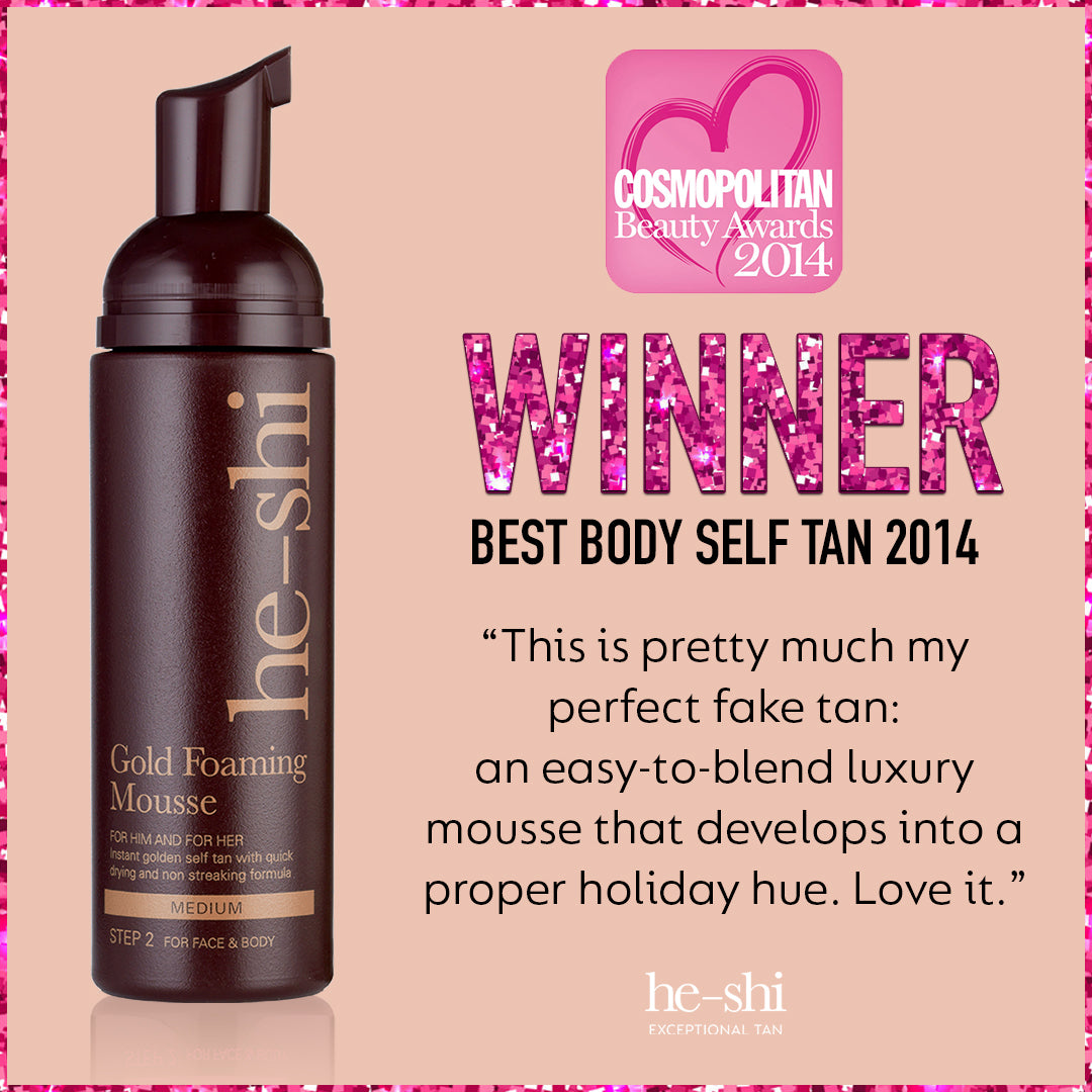 He-Shi Gold Foaming Mousse in a bottle, showcasing its rich golden color and easy-to-apply texture for a medium self-tan.