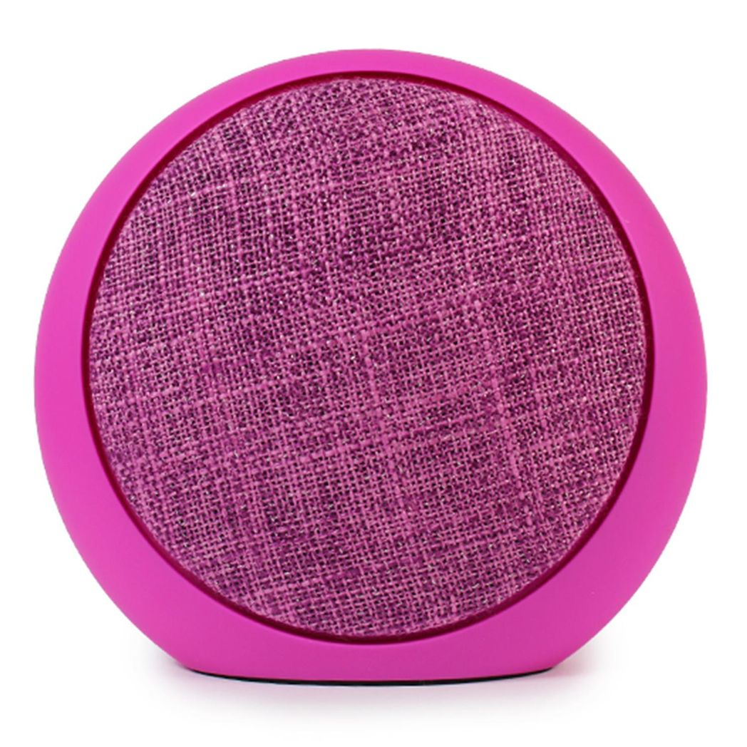 Pink Fabric Bluetooth Portable Speaker by Soundz, model V4.1 Active, showcasing its sleek design and compact size.