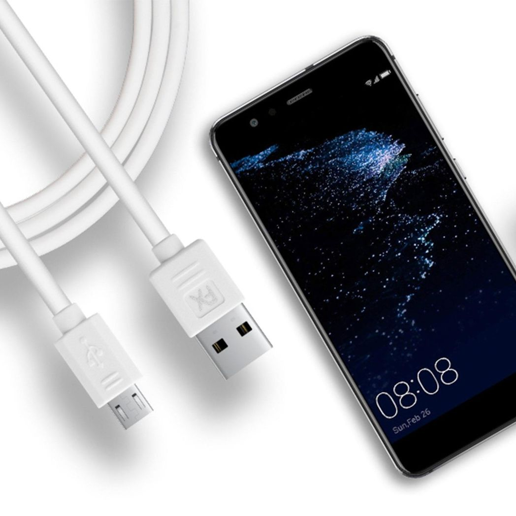 White USB data cable for Micro USB devices by FX Factory, designed for charging and syncing.