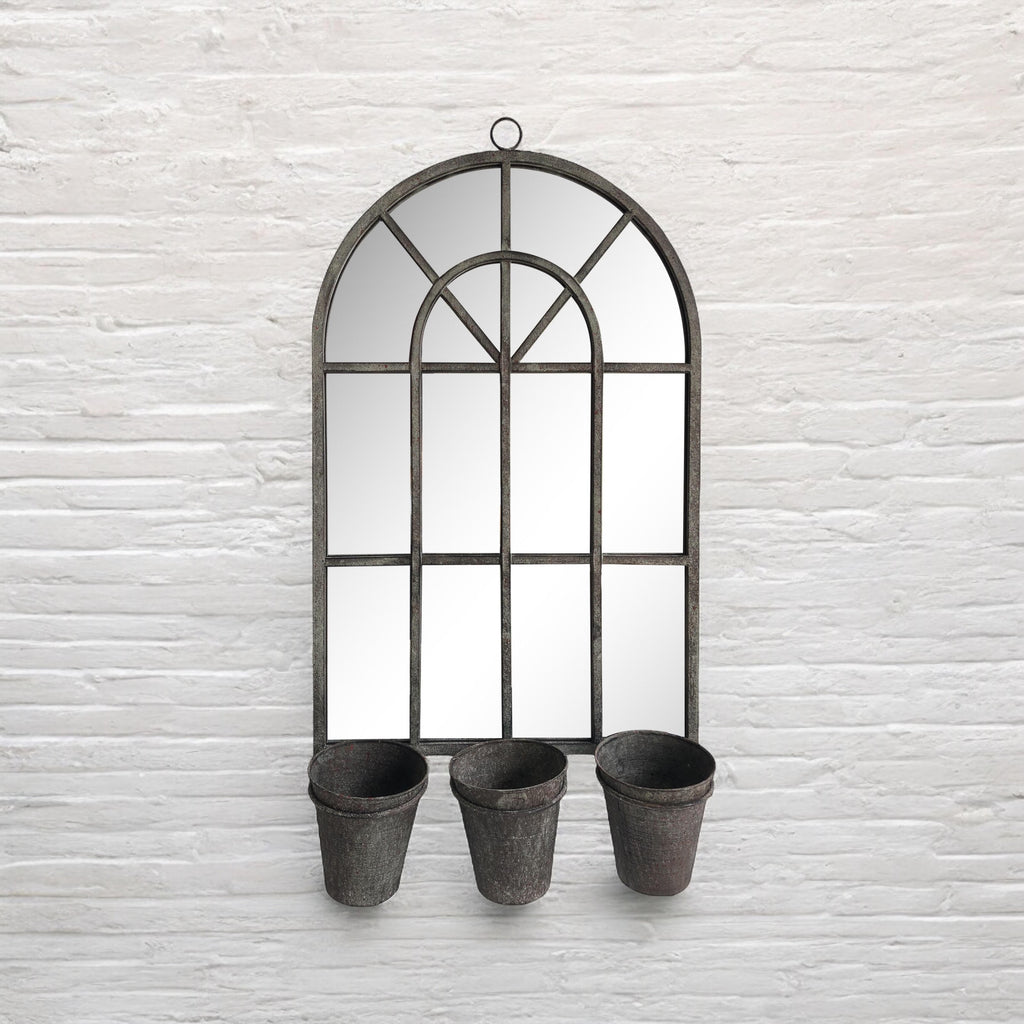 78CM RUSTY WALL MIRROR WITH TRIPLE PLANTER