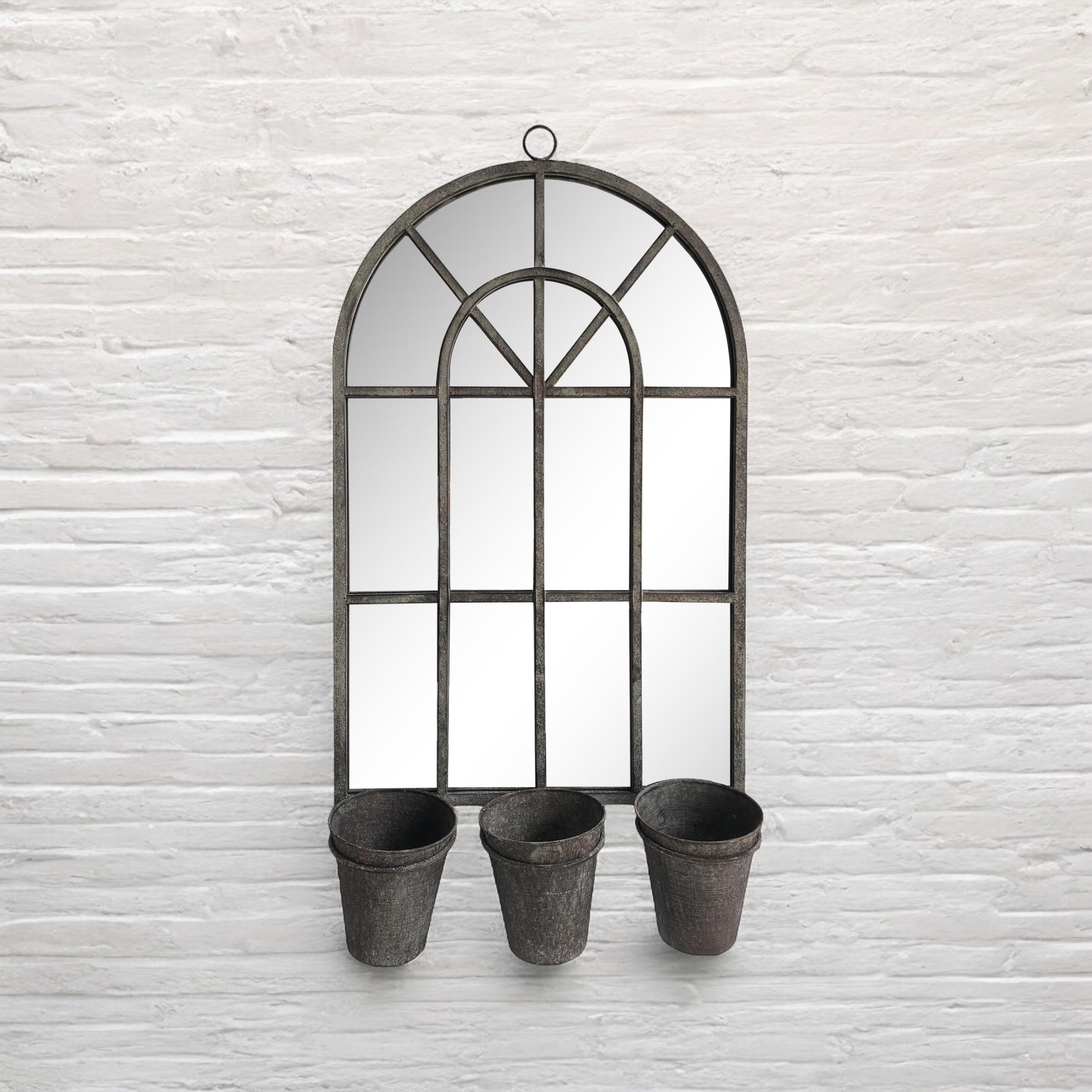 78CM RUSTY WALL MIRROR WITH TRIPLE PLANTER