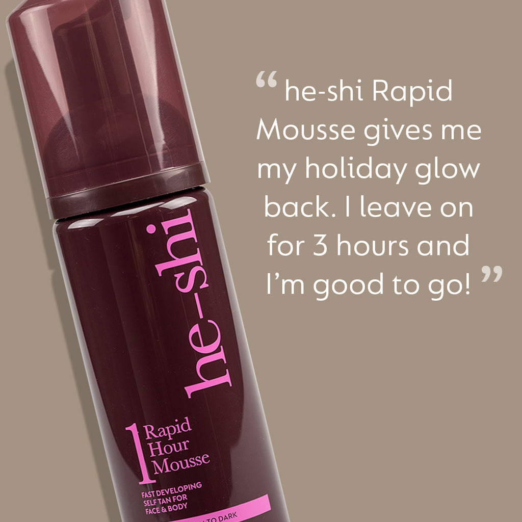 He-Shi Rapid 1 Hour Mousse in Medium to Dark for a quick-drying self-tan, showcasing the product bottle and texture.