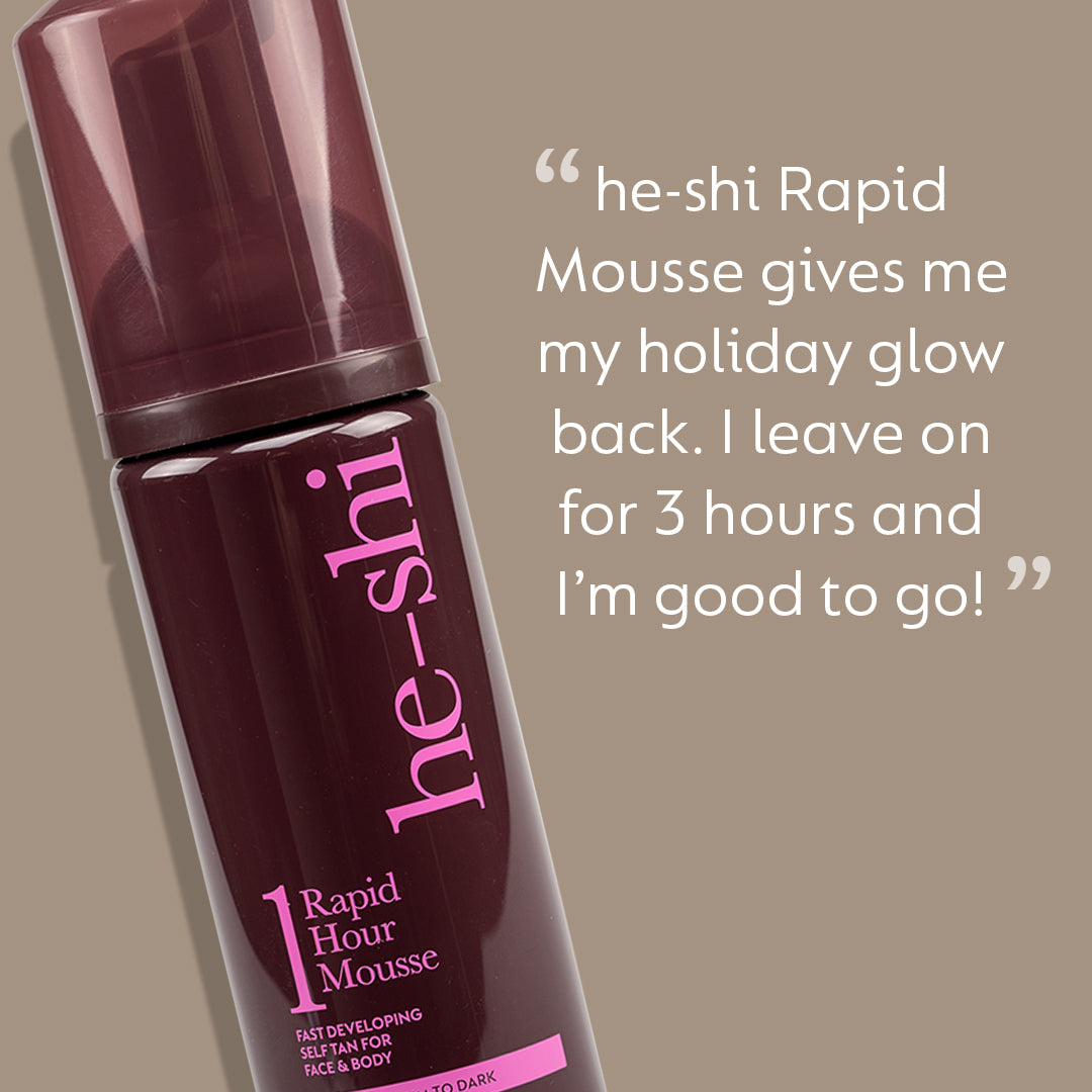 He-Shi Rapid 1 Hour Mousse in Medium to Dark for a quick-drying self-tan, showcasing the product bottle and texture.