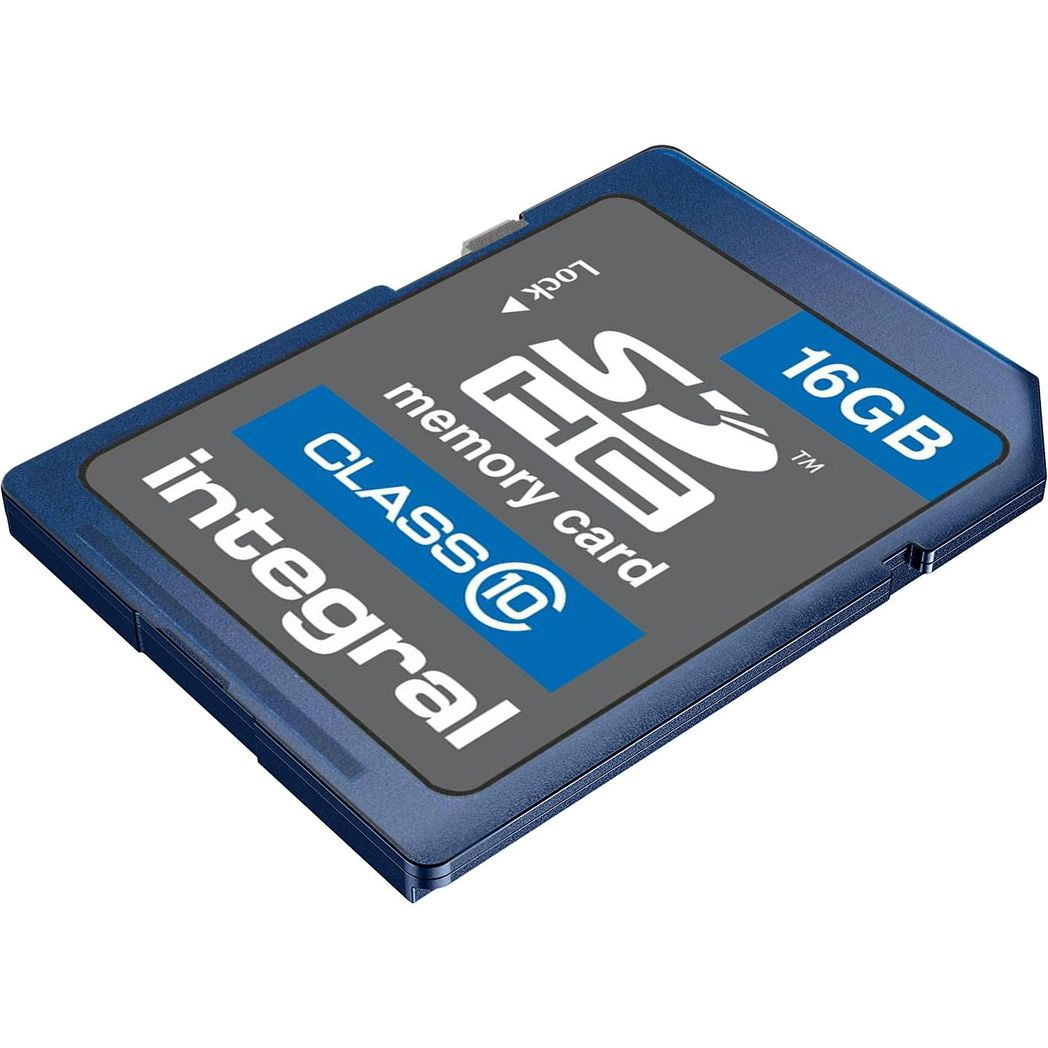 Integral 16GB SDHC Class 10 flash memory card in protective case, showcasing the card's design and case features.
