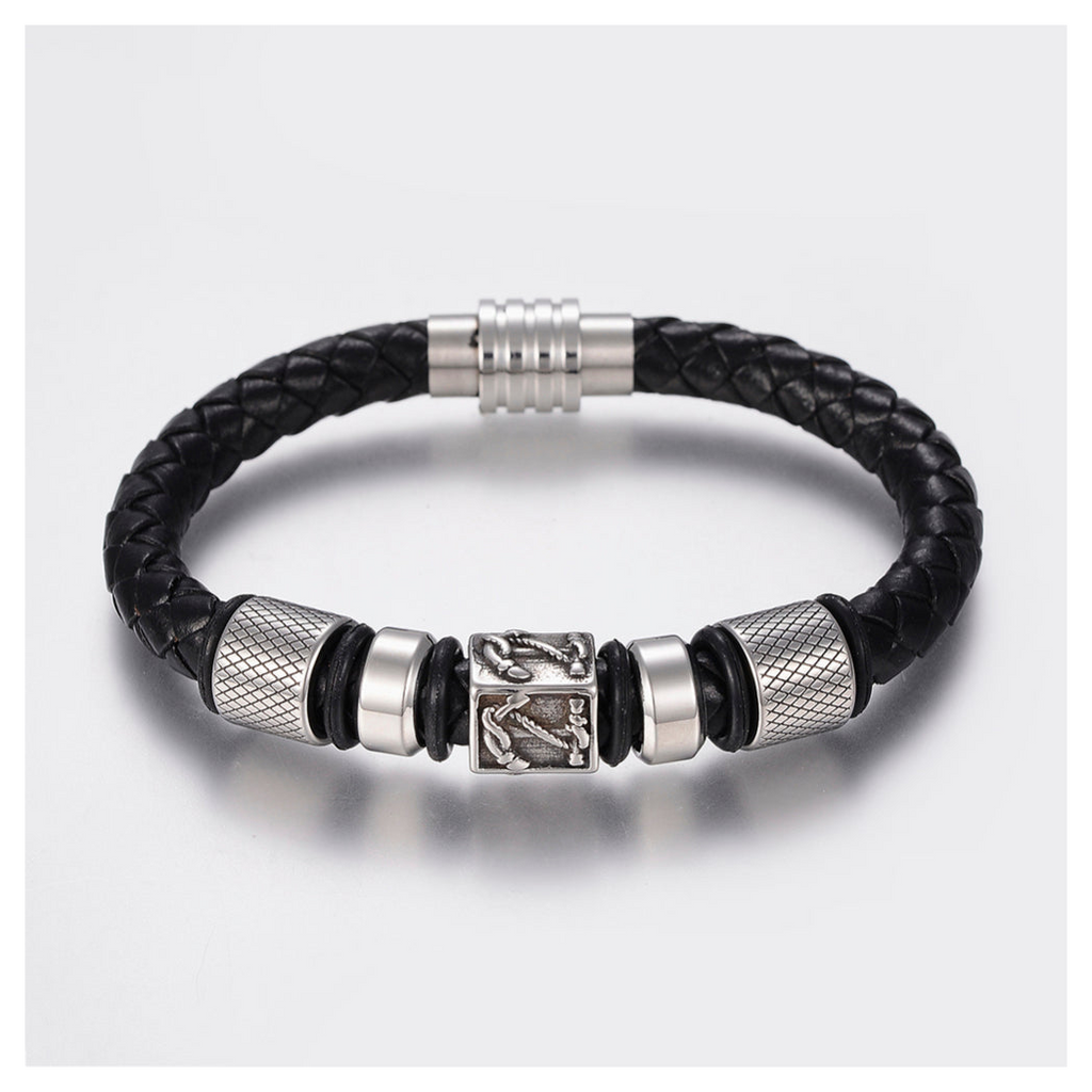 Men's LuxeTime faux pleated leather bracelet with a magnetic clasp, featuring a nautical design in rich brown tones.