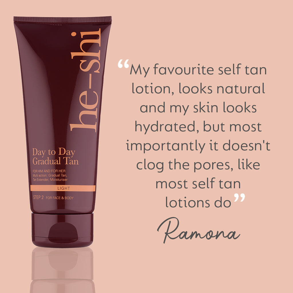 He-Shi Day to Day gradual tan cream in a 200ml bottle, featuring a smooth texture and nourishing formula for a natural glow.