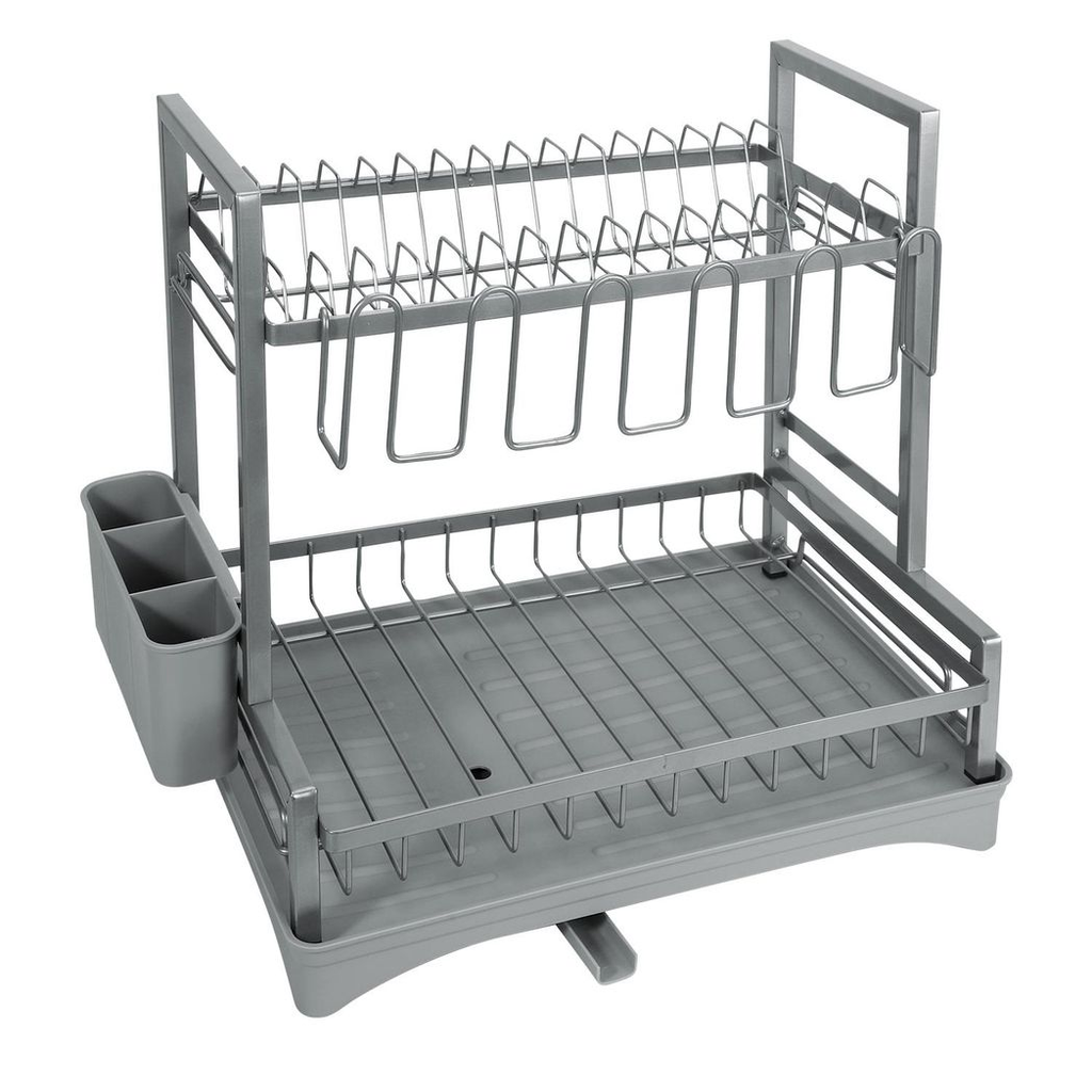 Grey 2 tier dish drainer by HomeCraft with detachable design and space-saving features for drying dishes.