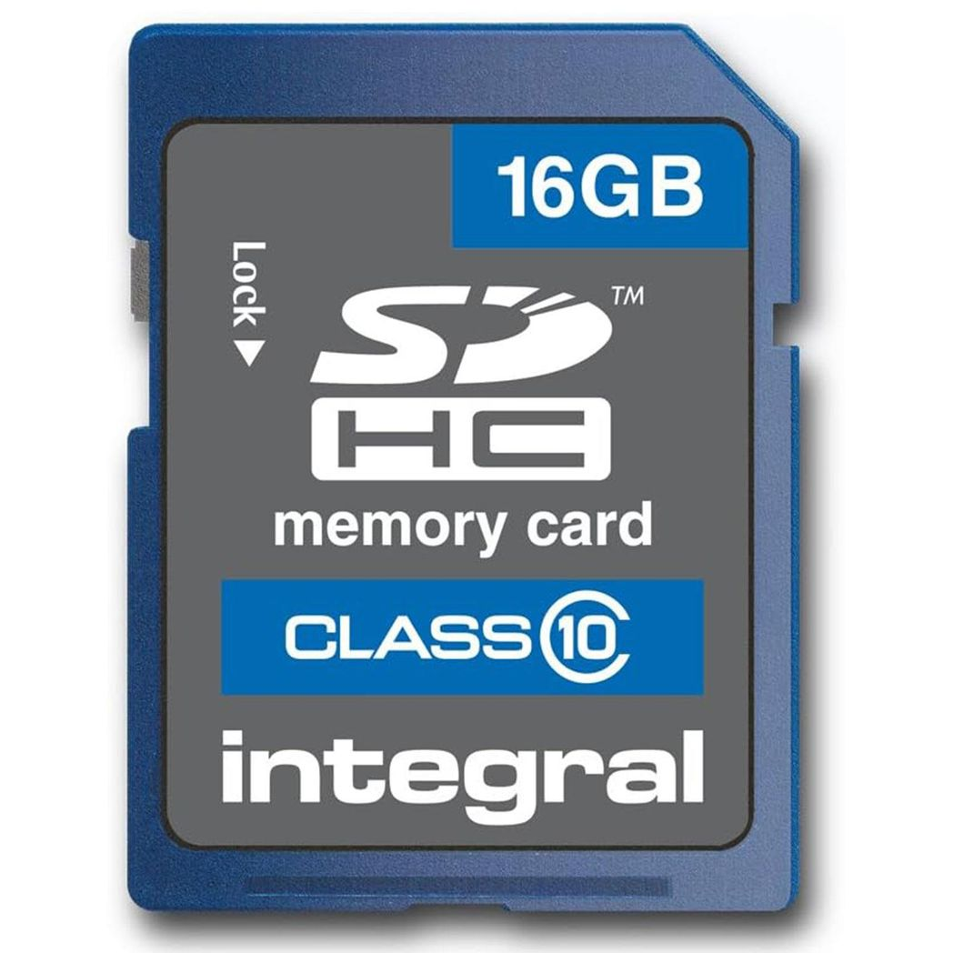 Integral 16GB SDHC Class 10 flash memory card with protective case, showcasing the card and case design.