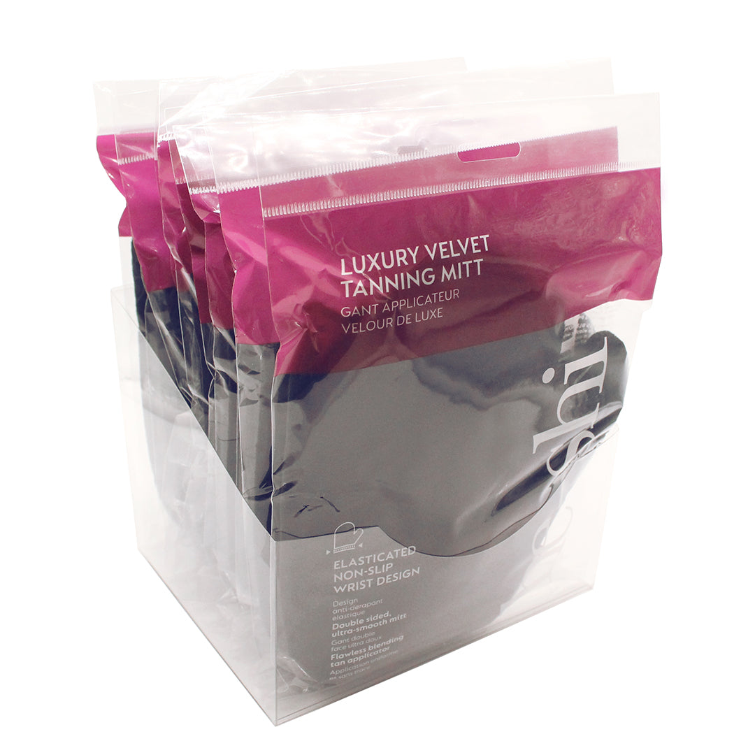 He-Shi Luxury Velvet Tanning Mitt, double-sided, designed to prevent tan stains with a soft, plush texture.