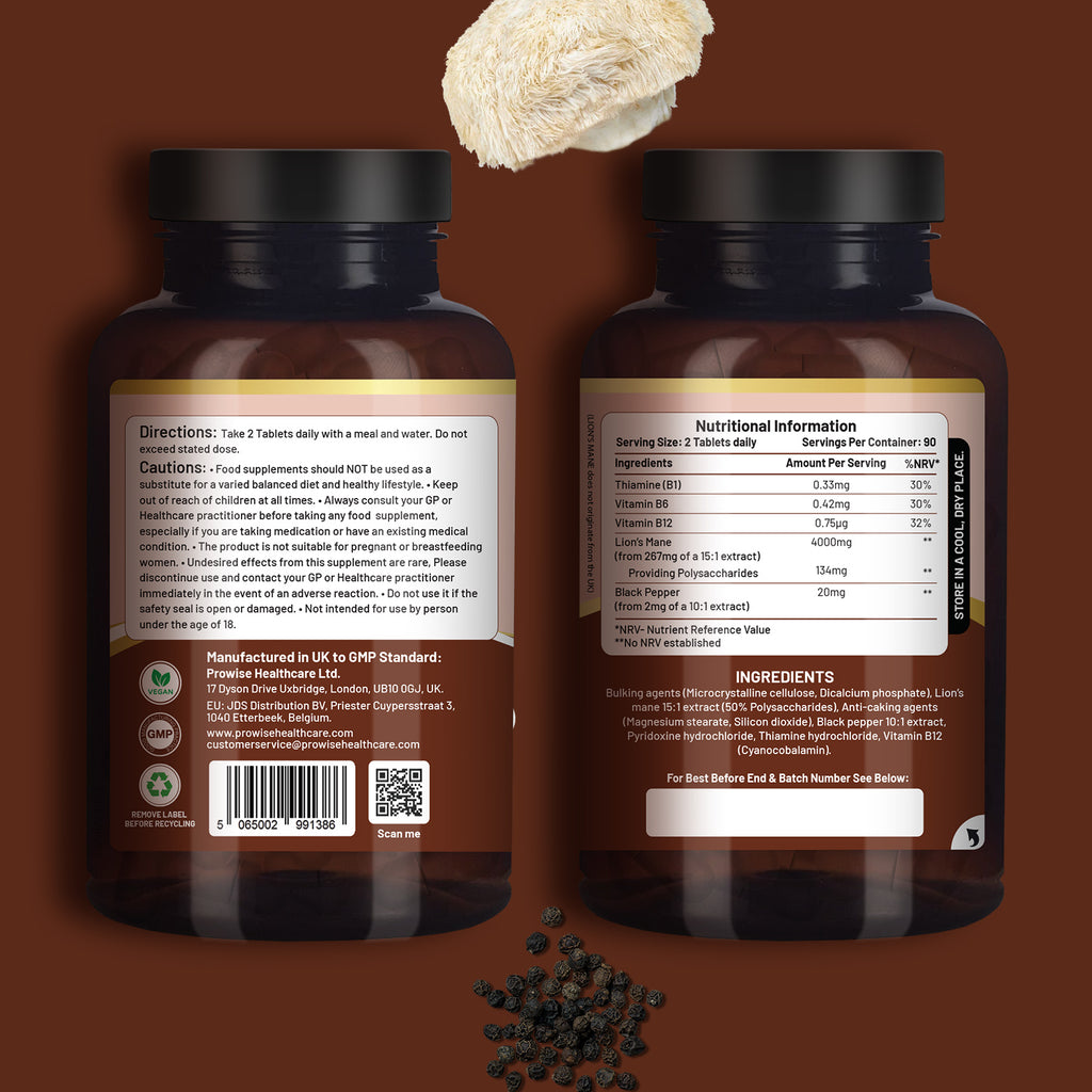 Lions Mane Mushroom Supplement by Prowise Healthcare, 4000mg with vitamins B1, B6, B12, and black pepper capsules.