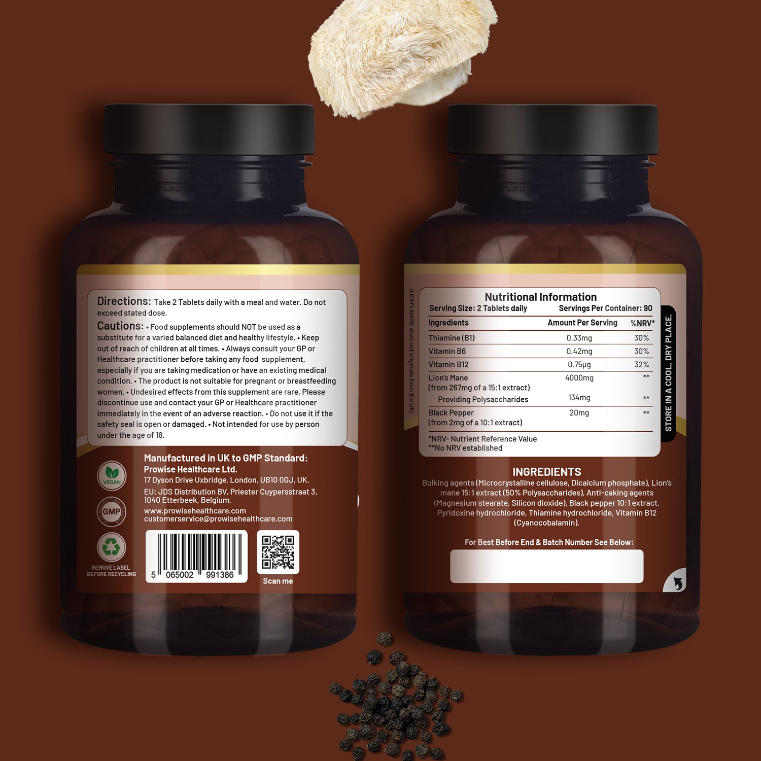 Lions Mane Mushroom Supplement by Prowise Healthcare, 4000mg with vitamins B1, B6, B12, and black pepper capsules.