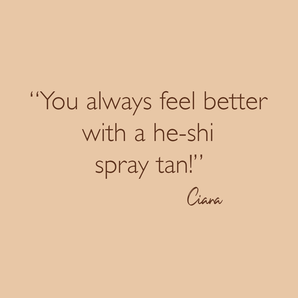 He-Shi Rich Bronze Spraytan 1L with dark tan, no smell, showcasing spray bottle and rich bronze color.