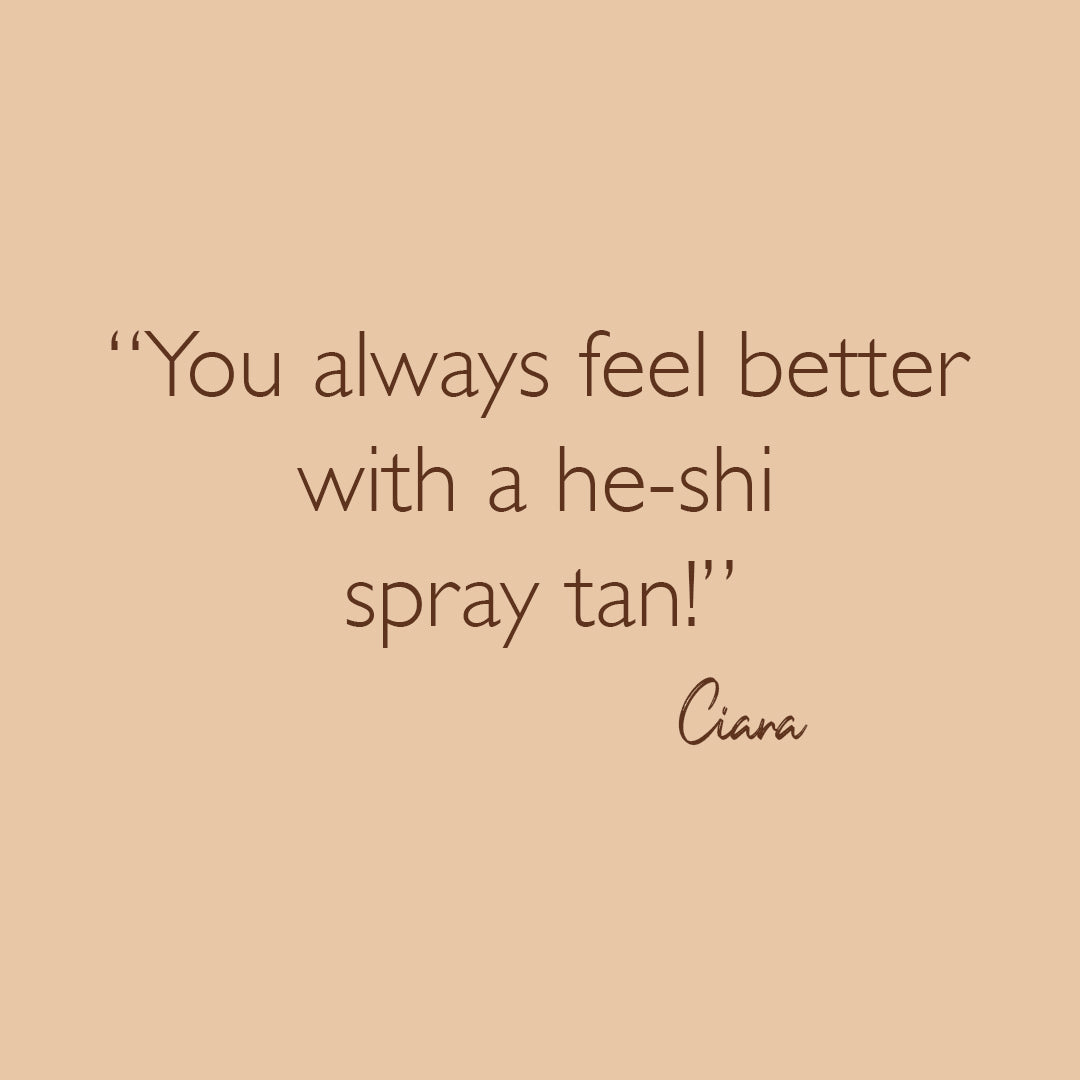 He-Shi Rich Bronze Spraytan 1L with dark tan, no smell, showcasing spray bottle and rich bronze color.