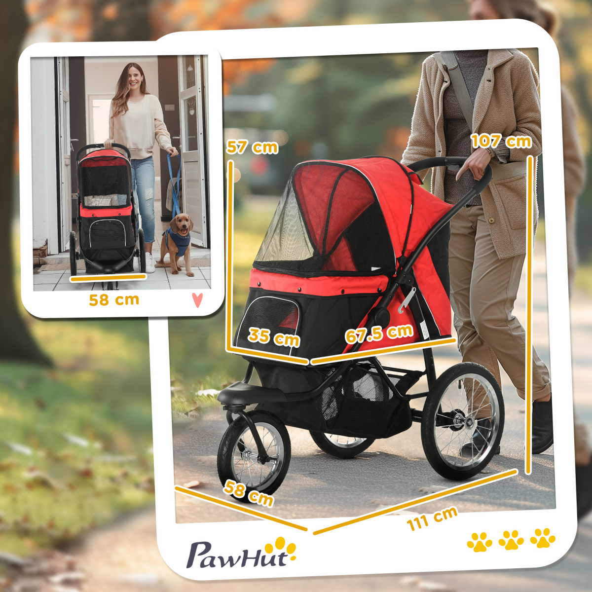 Foldable Pet Stroller Jogger w/ Canopy, Three Wheels, for Medium Dogs - Red