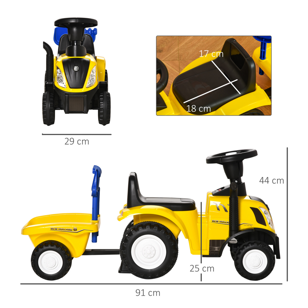 Yellow Ride-On Tractor Toddler Walker & Slider for ages 12-36 months by FunZone, featuring a child playing on it.