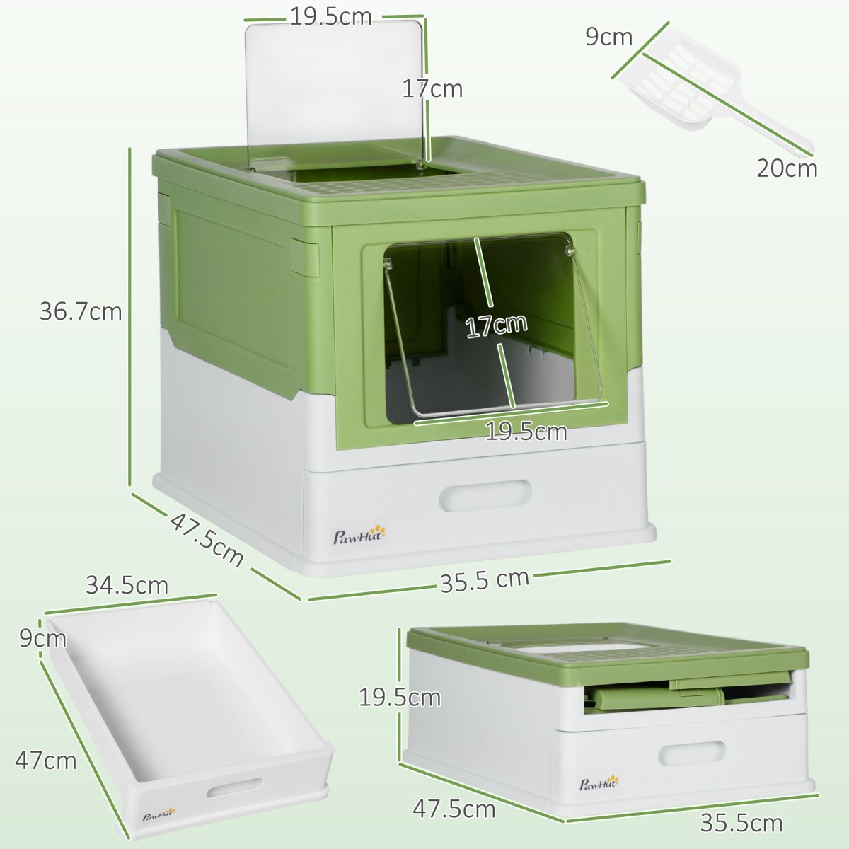 PawHut Hooded Cat Litter Box, Pet Toilet w/ Scoop, Tray - Light Green
