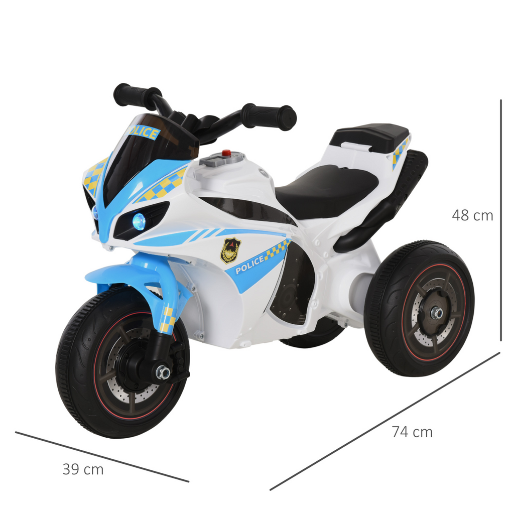 Kids ride-on police bike by FunZone, featuring three wheels, music, and lights for ages 18-36 months.