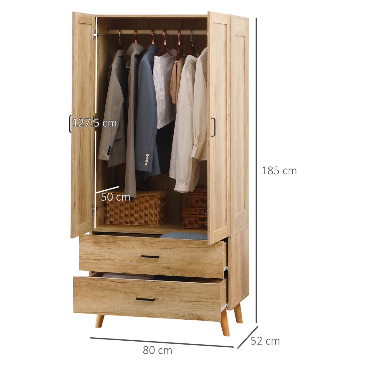 2 Door Wardrobe, Modern Wardrobe w/ 2 Drawer, Hanging Rail for Bedroom Natural