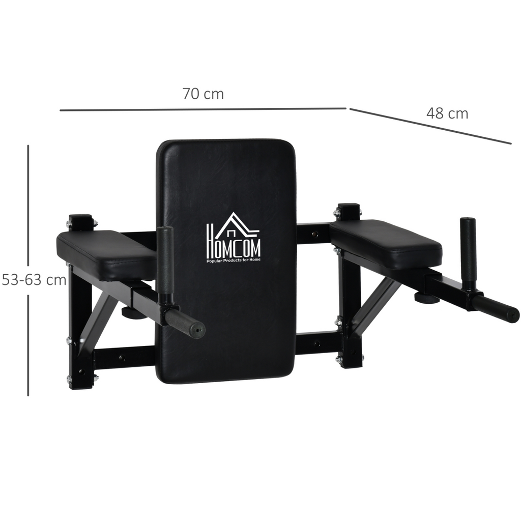 Wall mounted gym rack dip station with AB knee leg raise and pull-up bar from ActiveGear, showcasing sturdy metal construction.