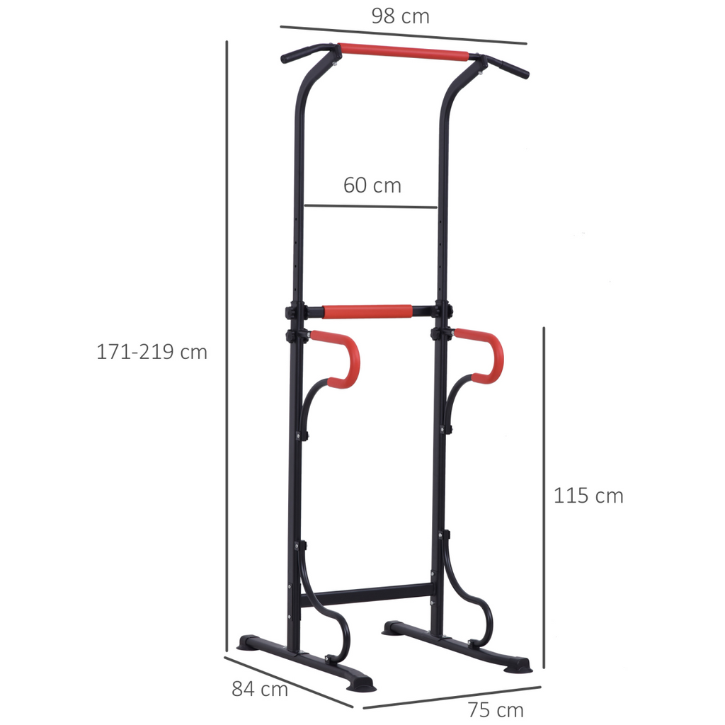 Steel multi-use exercise power tower with adjustable height and grips, ideal for strength training workouts.
