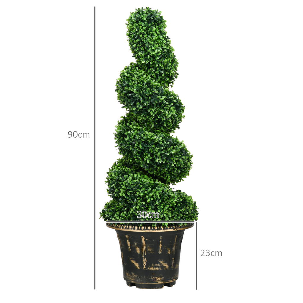 Set of 2 HOMCOM artificial topiary spiral trees, 90cm tall, featuring boxwood leaves and lavender accents.