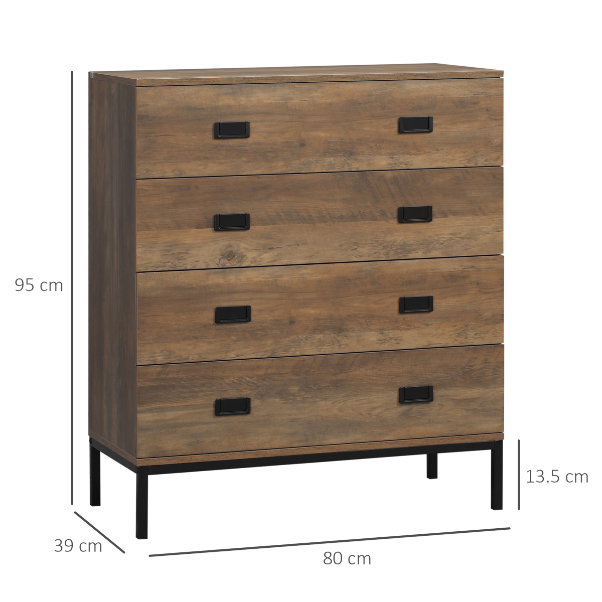 Rustic wood effect 4 drawer chest of drawers for bedroom and living room storage, featuring a natural finish and ample space.