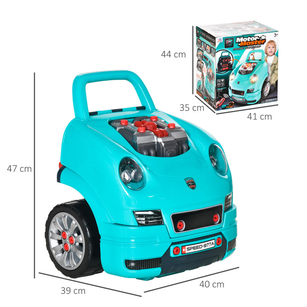 Teal green HOMCOM Kids Truck Engine Toy Set with horn, light, and car key for ages 3-5 years. FunZone design.