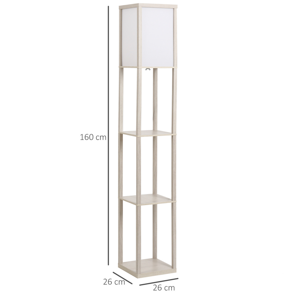HOMCOM floor lamp with three oak storage shelves, E27 bulb socket, and foot switch, showcasing a modern white design.