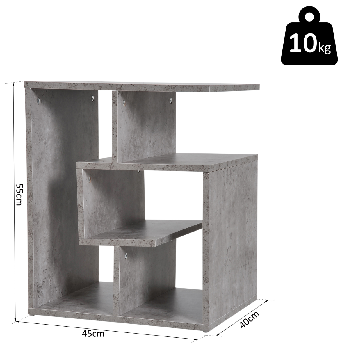 3-tier side table with open shelves in a cubic design, perfect for storage and display, by HomeCraft.