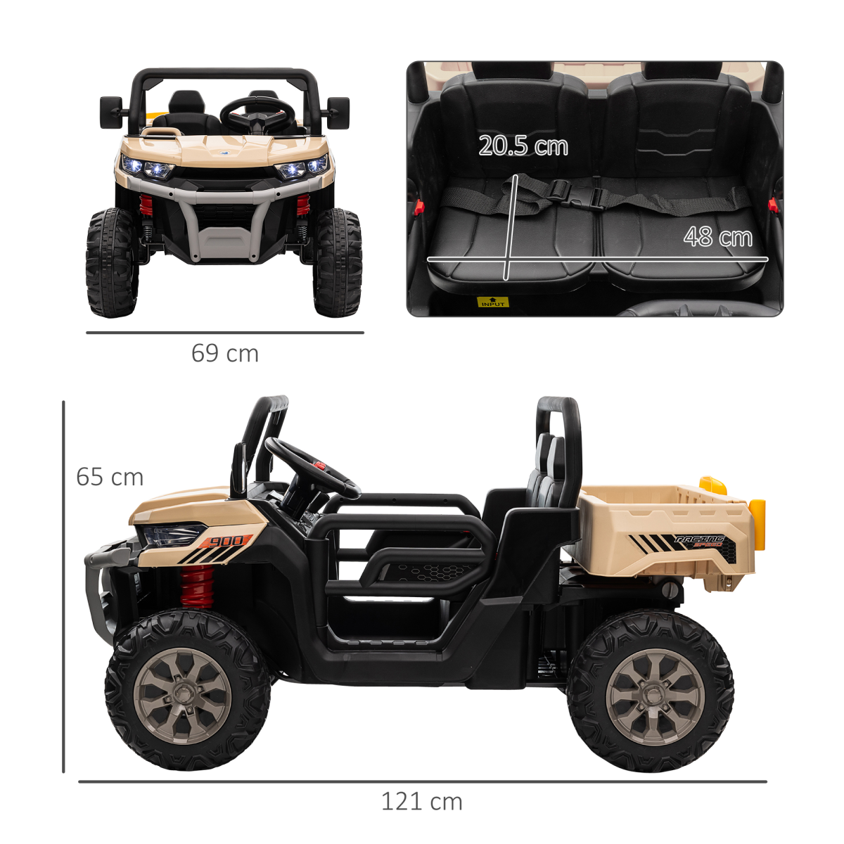 Yellow two-seater kids ride-on truck with electric bucket and parental remote by FunZone, perfect for outdoor fun.