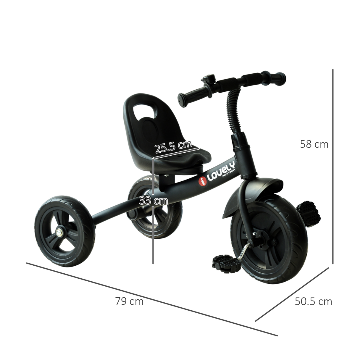 Black FunZone toddler tricycle with three wheels and adjustable seat for children aged 18 months and older.