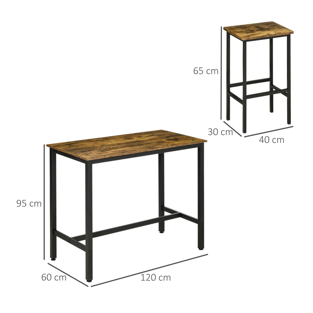 HOMCOM industrial bar table set with two rustic brown stools at counter height, showcasing a stylish dining setup.
