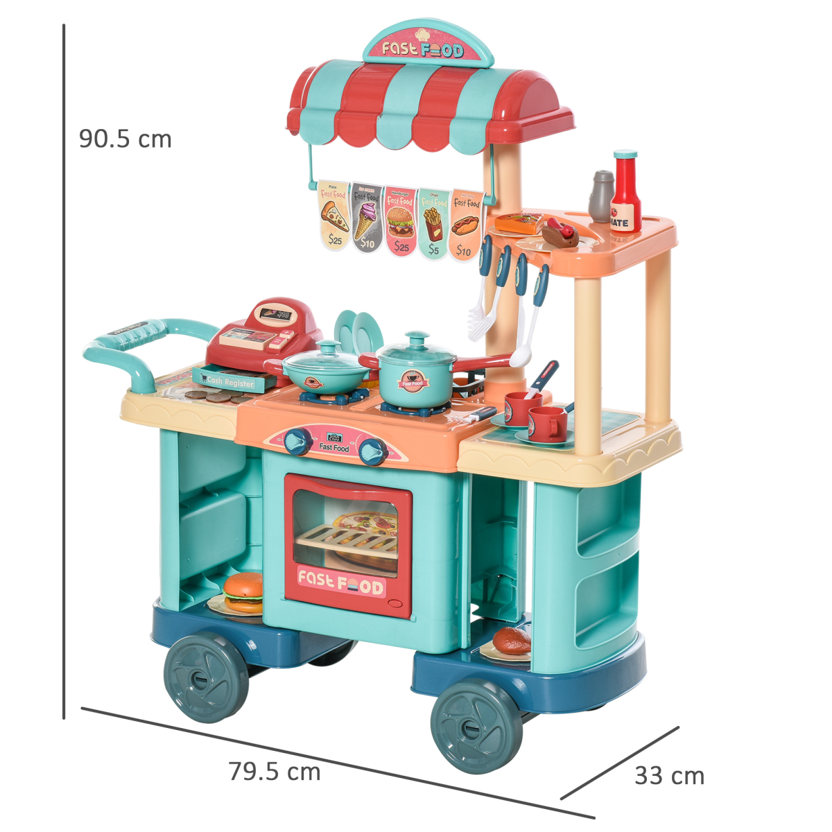 Colorful HOMCOM kids kitchen play set with trolley cart and various pretend food toys for ages 3-6.